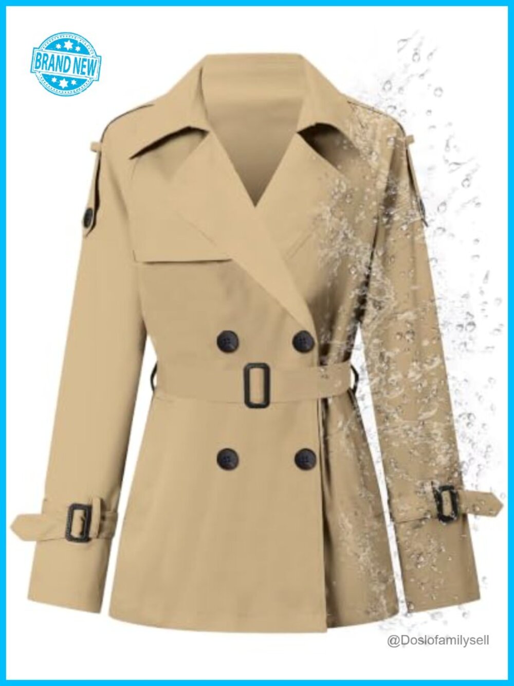 Water-Repellent Double Breasted Belted Short Trench Coat